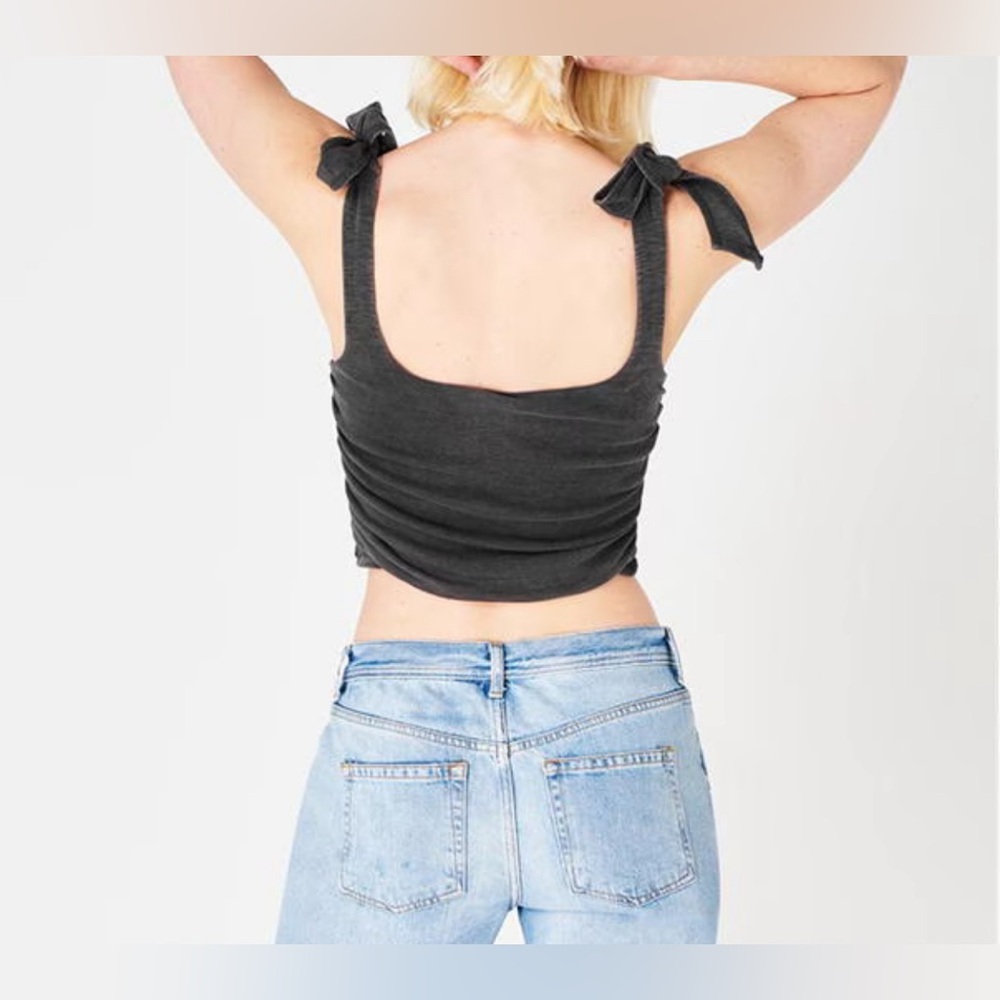 Free People‎ Boulevard Tank Top Ribbed Crop Shoulder Tie Gray black Sz M - Picture 2 of 8